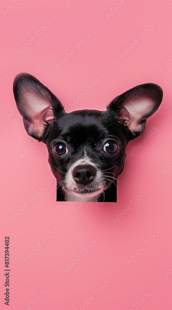 Pink background with a dog's head protruding through, like it's peeking through a hole.Minimal creative interior and nature concept.