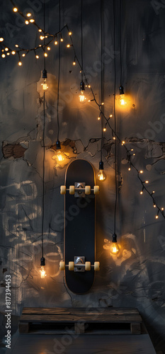 Skateboard ambient lamp.Minimal creative sport and interior concept.Flat lay