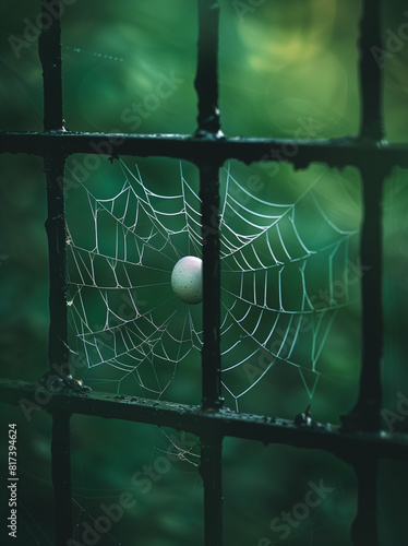 Spiderweb and egg on the fence.Minimal creative nature and food  concept photo
