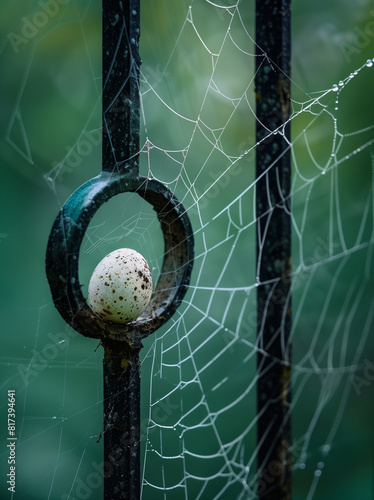 Spiderweb and egg on the fence.Minimal creative nature and food  concept photo