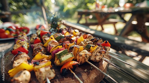 Fototapeta Naklejka Na Ścianę i Meble -   Chicken kebab on a picnic table outdoors