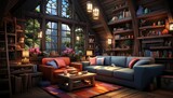 Family Room background flat design side view rustic cabin theme 3D render vivid