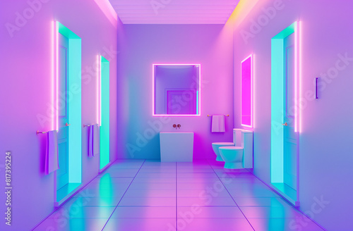 bathroom interior With vibrant colors and neon lights.Violet and blue.Minimal creative interior concept 