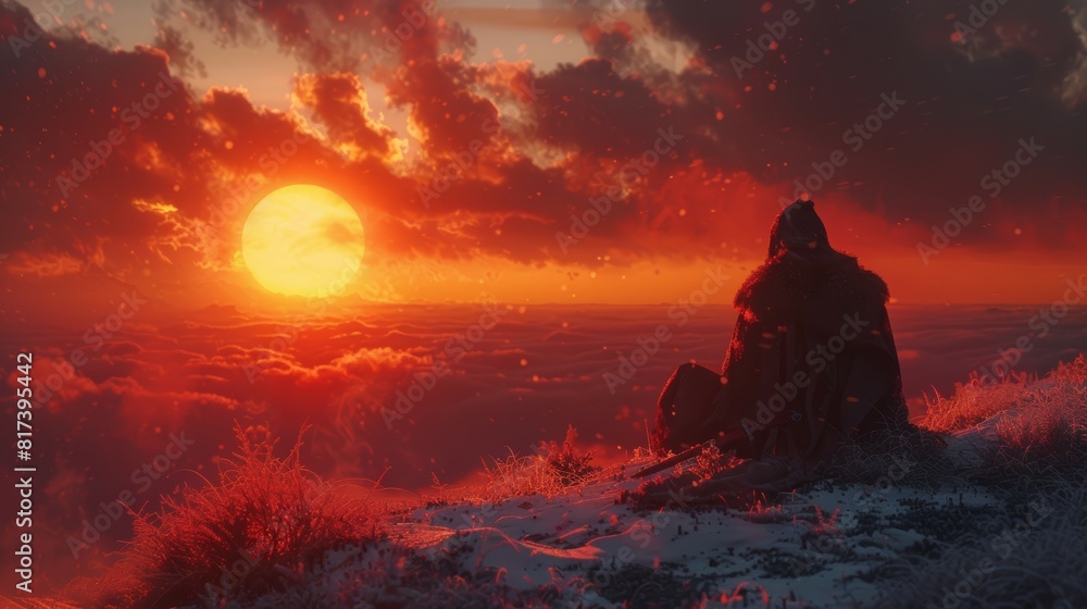 Warrior in dark armor sits on the top of an endless hill, watching as the red sun sets over a sea covered in snow and clouds