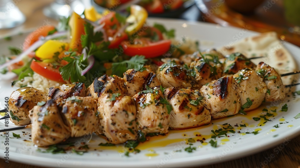 Chicken kebab with a side of flatbread and salad Chicken kebab with a side of flatbread and salad
