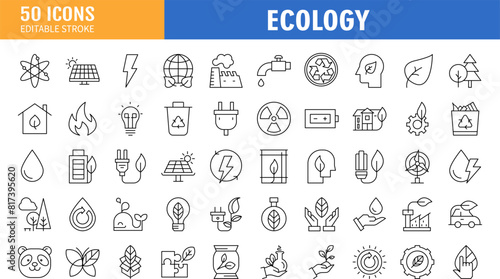 Ecology icon set. Environment, sustainability, nature, recycle, renewable energy. Line icon vector collection.