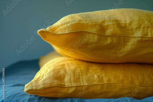 Stacked Yellow Pillows on Bed with Soft Lighting  