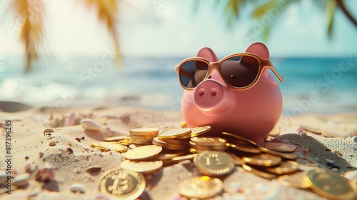 Fototapeta Naklejka Na Ścianę i Meble -  On a sunny beach in summer, a pink piggy bank sporting sunglasses lounges beside gold coins, embodying vacation budgeting, holiday savings, successful investments, banking wealth, and financial gains
