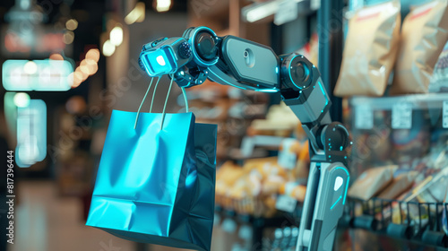 Bag-lifting robot assisting in the handling of shopping bags for a grocery delivery service