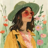 Beautiful Watercolor Illustration of Cute Girl in a hat among meadow flowers. Summer Vibes Aesthetic Clip-art