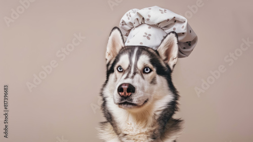 playful siberian husky in chef's hat with  prints, adorable cooking theme photo
