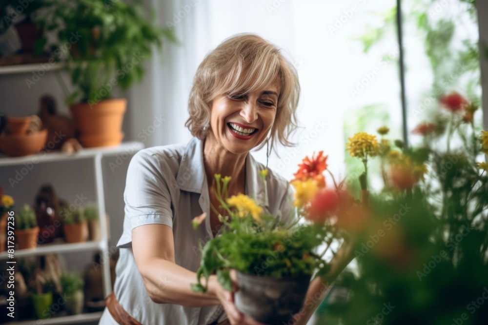 Smiling mature woman planting beautiful flowers into a pot while standing at her workshop