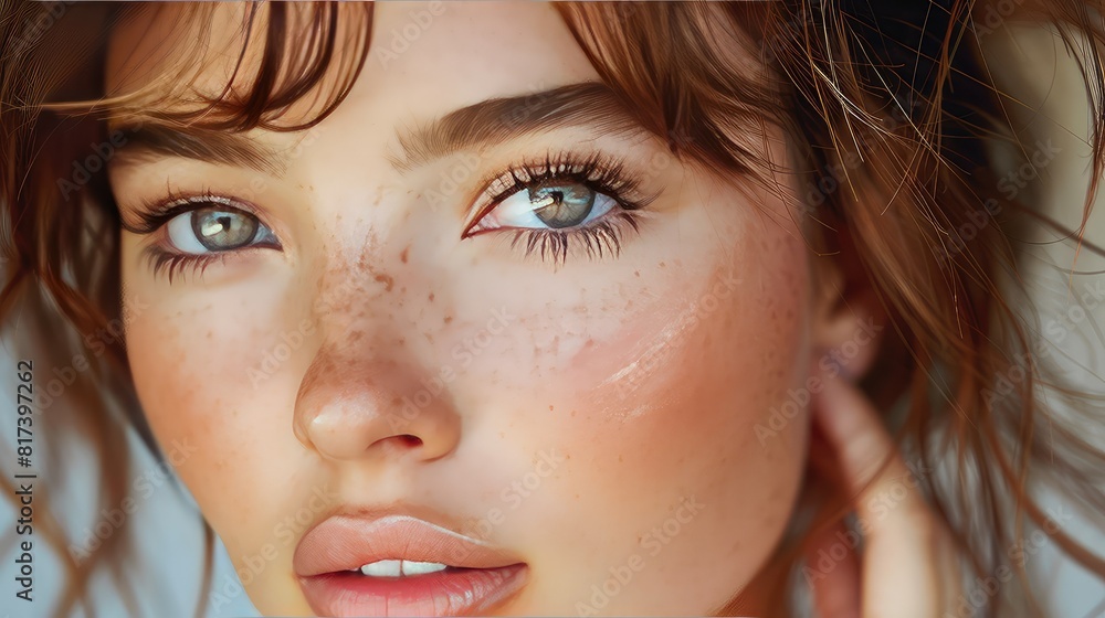 Close up portrait of beauty model with natural make up and touching her face Close up portrait of beauty model with natural make up and touching her face