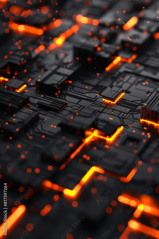 Black textured surface with futuristic design and orange glow Black textured surface with futuristic design and orange glow