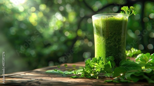 Smoothie with Coriandrum sativum in a clear glass, placed on a wooden table with a green, natureinspired background realistic photo