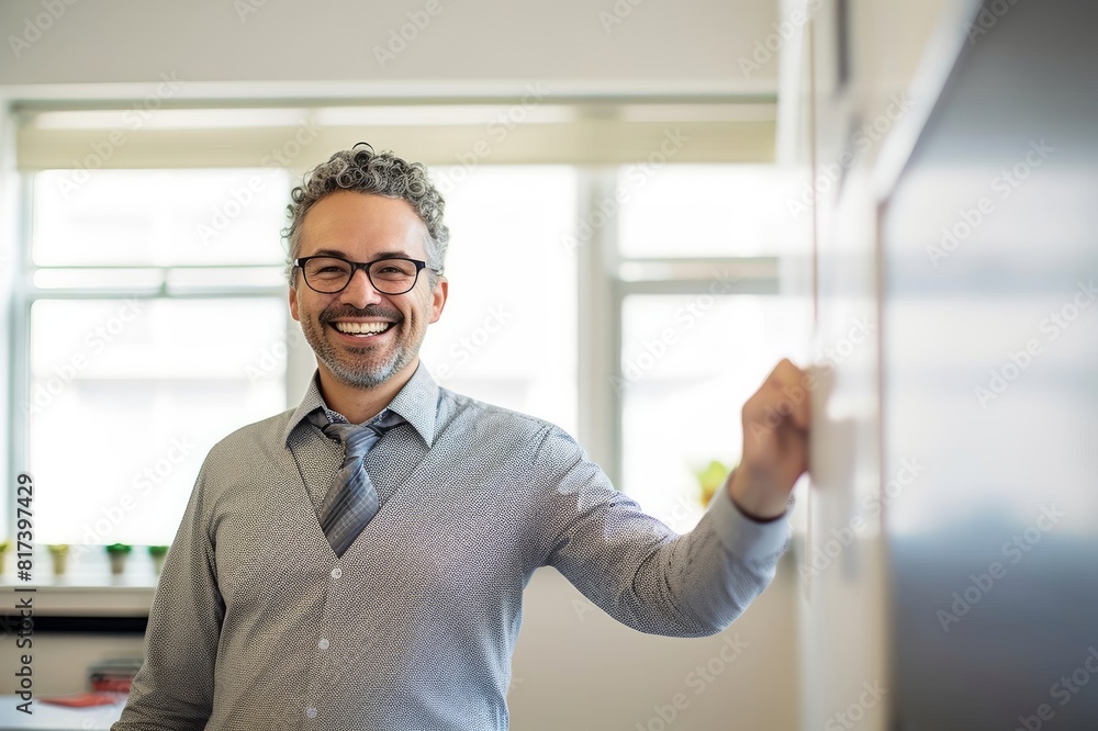smiling teacher writing on whiteboard in language class smiling teacher writing on whiteboard in language class