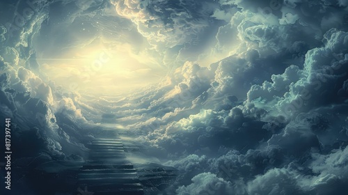Stairway Through Clouds Leading To Heavenly Light realistic
