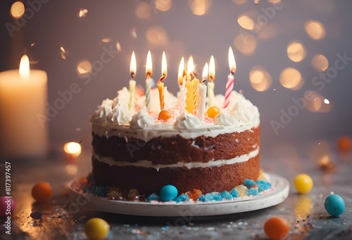 a cake with candles is on a plate near many candy candies