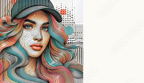 Portrait of a beautiful girl with long hair in a hat. Vector illustration.