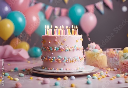 a birthday cake with a candle on top surrounded by balloons and confetti cones