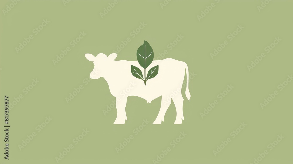 Fototapeta premium A vegan icon illustration of a cow with a leaf on its back, depicted in a flat style design