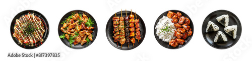 Set of plates with Japanese dish isolated on transparent background. Okonomiyaki, teriyaki chicken, yakitori, teriyaki chicken with rice, onigiri. Asian food clip art. Design elements for menu, banner