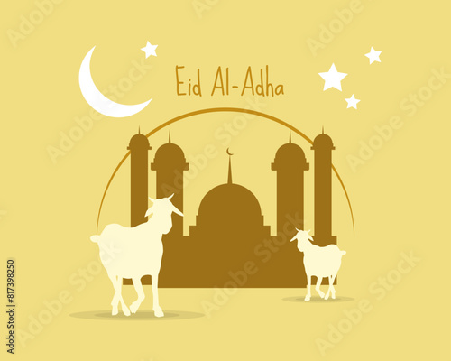 Eid al-Adha Mubarak  celebration of Muslim community, Festival Eid Al Adha Greeting card, poster with sacrificial sheep and crescent moon cream brown background. Vector illustration.

