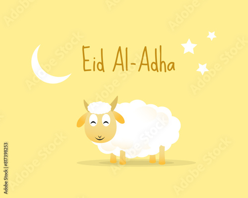 Eid al-Adha Mubarak  celebration of Muslim community, Festival Eid Al Adha Greeting card, poster with sacrificial sheep and crescent moon cream brown background. Vector illustration.
