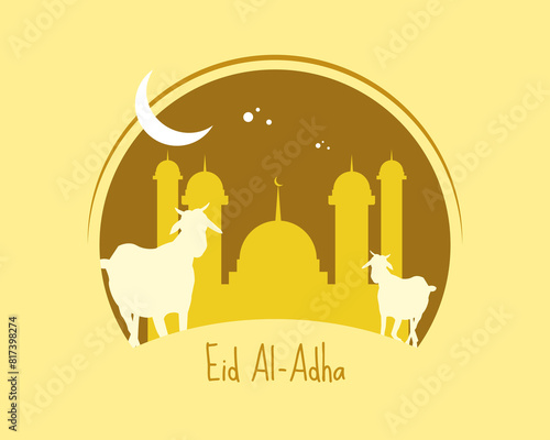 Eid al-Adha Mubarak  celebration of Muslim community, Festival Eid Al Adha Greeting card, poster with sacrificial sheep and crescent moon cream brown background. Vector illustration.
