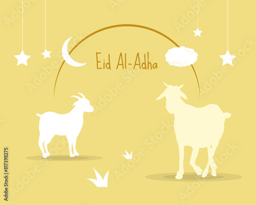 Eid al-Adha Mubarak  celebration of Muslim community, Festival Eid Al Adha Greeting card, poster with sacrificial sheep and crescent moon cream brown background. Vector illustration.
