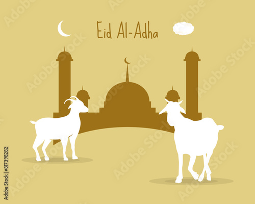 Eid al-Adha Mubarak  celebration of Muslim community, Festival Eid Al Adha Greeting card, poster with sacrificial sheep and crescent moon cream brown background. Vector illustration.
