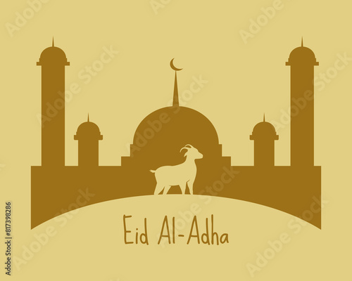 Eid al-Adha Mubarak  celebration of Muslim community, Festival Eid Al Adha Greeting card, poster with sacrificial sheep and crescent moon cream brown background. Vector illustration.
