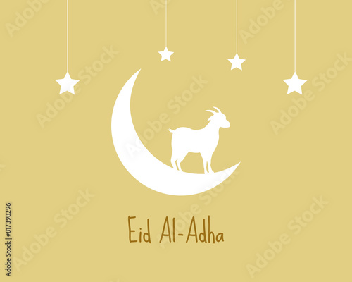 Eid al-Adha Mubarak  celebration of Muslim community, Festival Eid Al Adha Greeting card, poster with sacrificial sheep and crescent moon cream brown background. Vector illustration.
