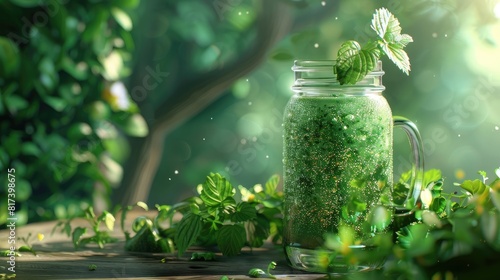 Vibrant green smoothie in a glass jar, garnished with Coriandrum sativum leaves, against a lush green backdrop realistic