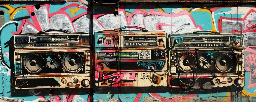 Boom boxes and graffiti with a blend of 90s hip-hop culture. Vivid street art in the background complements the retro audio equipment, creating a nostalgic and energetic urban scene. Boom boxes and graffiti with a blend of 90s hip-hop culture. Vivid street art in the background complements the retro audio equipment, creating a nostalgic and energetic urban scene.