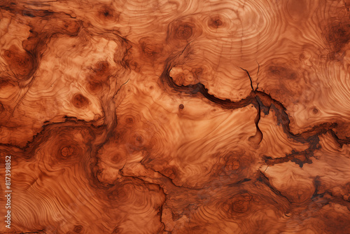 Burl wood texture features irregular and swirling grain patterns caused by abnormal growths on the tree for fine woodworking and luxury furniture. photo