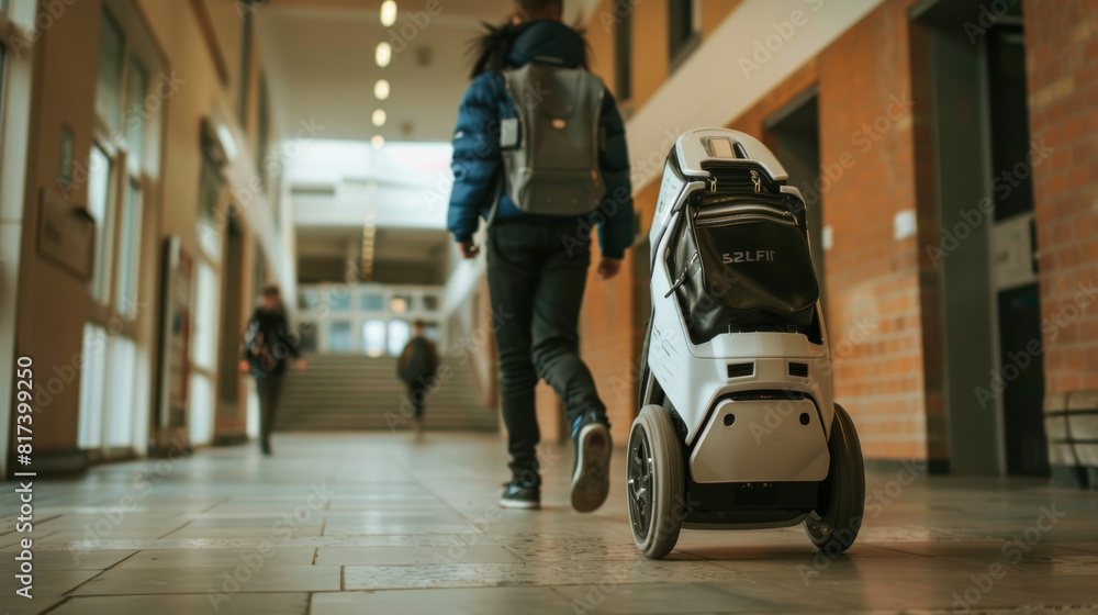 A bag-lifting robot providing assistance to students with heavy backpacks at a school A bag-lifting robot providing assistance to students with heavy backpacks at a school