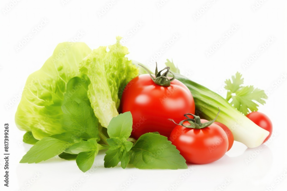 A vibrant arrangement of fresh tomatoes, lettuce, and herbs isolated on a white background. Copy space available. A vibrant arrangement of fresh tomatoes, lettuce, and herbs isolated on a white background. Copy space available.
