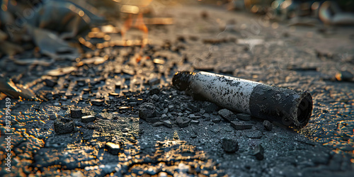  A discarded meth pipe, its blackened shards littering the grimy pavement, a tragic witness of addiction's merciless grip on human lives. photo
