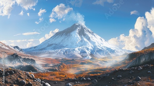 Volcano in a dormant state, with a snowcapped peak and surrounding rugged terrain, under a clear blue sky with a few fluffy clouds realistic photo