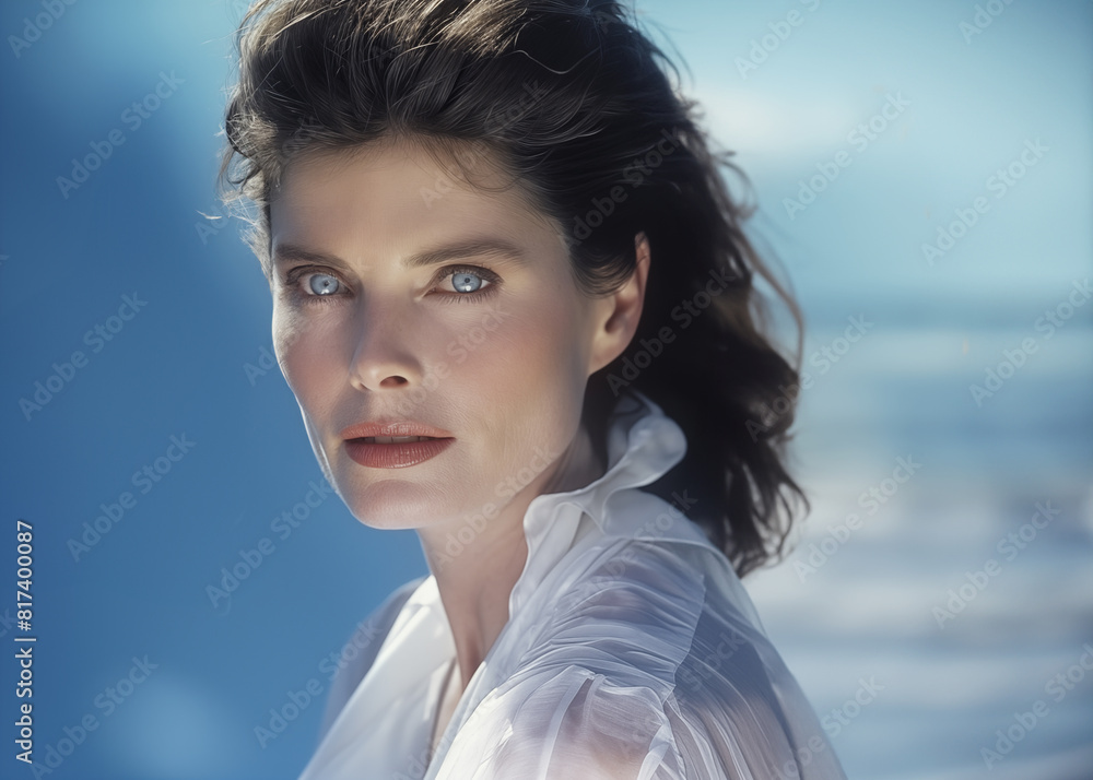 a woman with blue eyes and an off shoulder white shirt a woman with blue eyes and an off shoulder white shirt