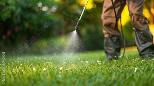 closeup of worker spraying pesticide on green lawn outdoor pest control application landscape maintenance digital photography photo