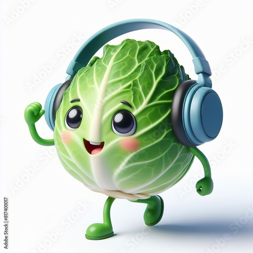 cute 3D funny cartoon cabbage with small wireless headphone on head smiling and dancing, white background photo