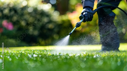 closeup of worker spraying pesticide on green lawn outdoor pest control application landscape maintenance digital photography