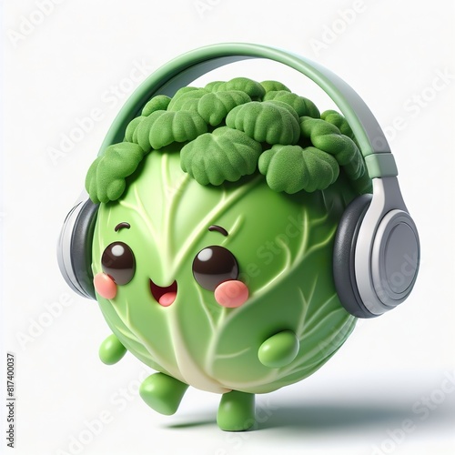 cute 3D funny cartoon cabbage with small wireless headphone on head smiling and dancing, white background photo