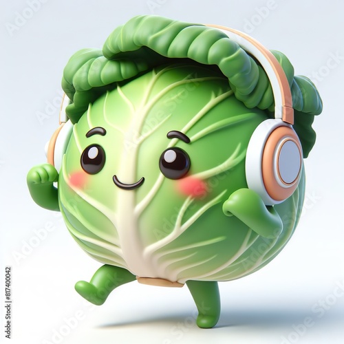 cute 3D funny cartoon cabbage with small wireless headphone on head smiling and dancing, white background photo