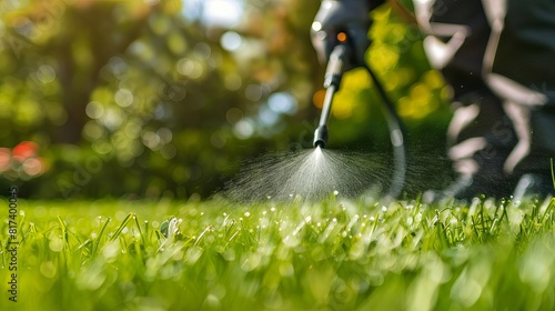 closeup of worker spraying pesticide on green lawn outdoor pest control application landscape maintenance digital photography photo