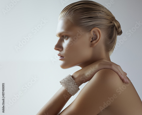 the woman is wearing an elegant bracelet and bracelets on her arm photo