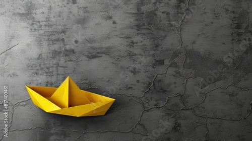 Yellow Paper Boat Leaving Mainstream And Changing Direction On Modern Grey Background - Entrepreneur Concept realistic
