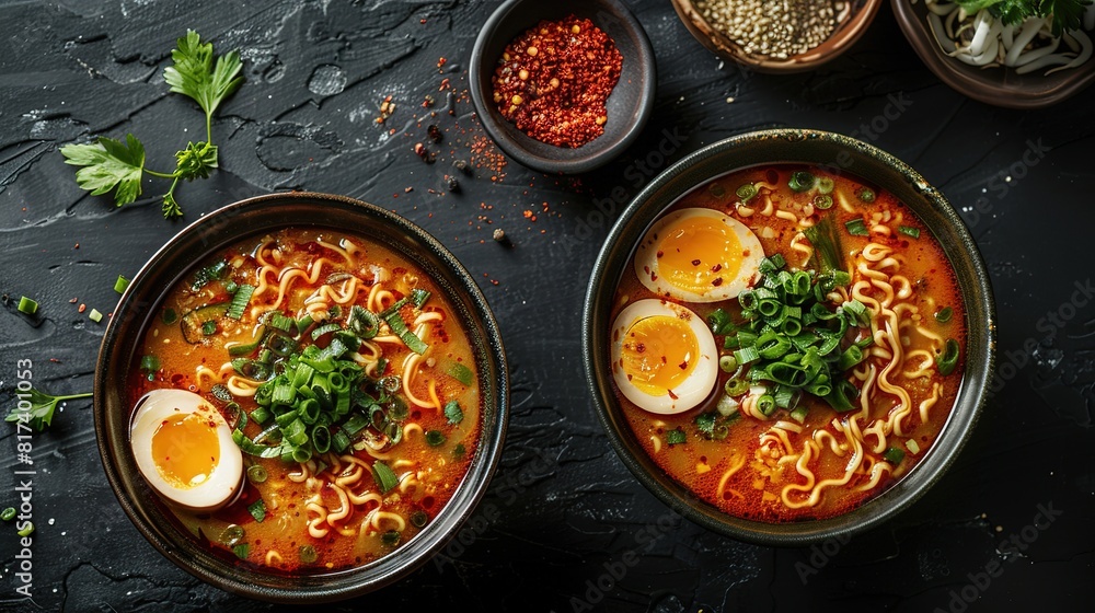 Miso Ramen Asian noodles with egg, enoki and pak choi cabbage in bowl on dark concrete background Miso Ramen Asian noodles with egg, enoki and pak choi cabbage in bowl on dark concrete background